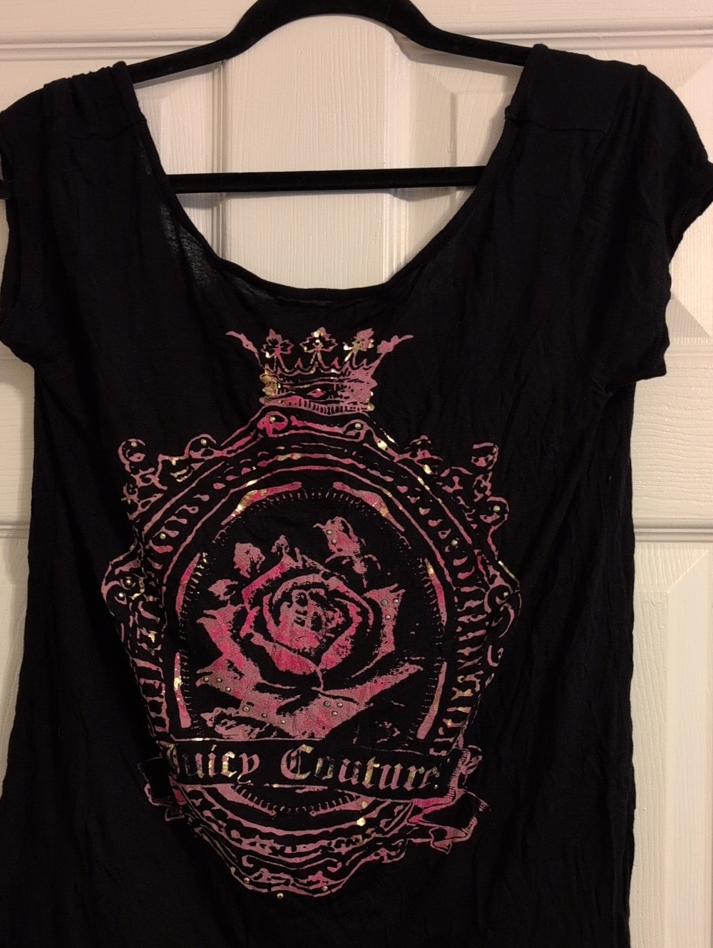 Juicy Couture Black Short Sleeve Tee with Pink Rose Crest and Gold Accents